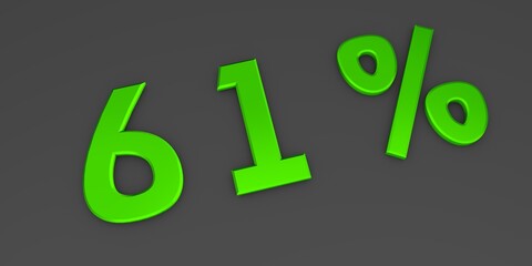 Green 3D sixty one percent on a gray background. Rendering.
