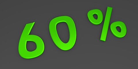 Green 3D sixty percent on a gray background. Rendering.