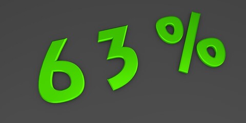 Green 3D sixty three percent on a gray background. Rendering.