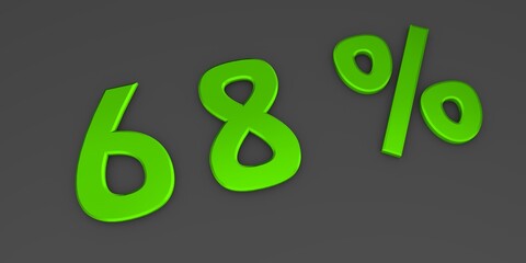 Green 3D sixty eight percent on a gray background. Rendering.