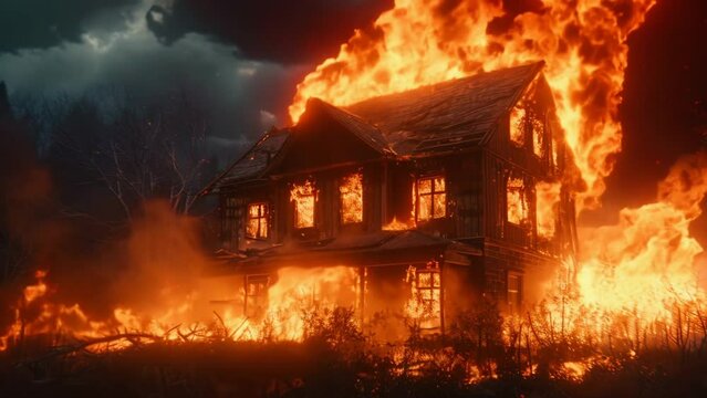 A wooden house in the village is on fire. The whole building burning. A terrible incident. Fire in the premises. A horrible event. The cottage burned down. Night time. Big loss.