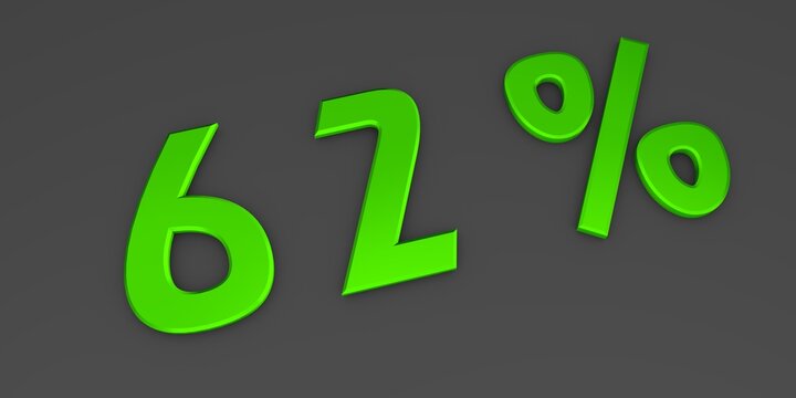 Green 3D sixty two percent on a gray background. Rendering.