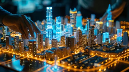 A city planner using a digital twin simulation to optimize transportation networks, futuristic city model displayed on a holographic screen. 