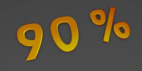 Orange 3D ninety percent on a gray background. Rendering.