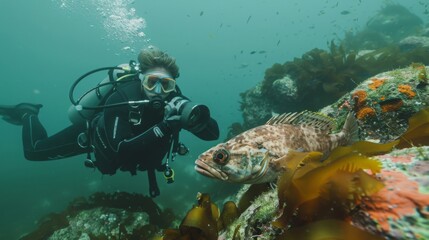 A diver photographing an endangered fish species in its natural habitat, promoting awareness and conservation, in a delicate and respectful scene. 
