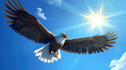 Obraz premium Cute cartoon eagle spreading its wings wide, flying towards a shining sun against a blue sky with a few fluffy clouds.