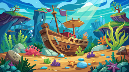 Naklejka premium Cartoon underwater landscape with sunken sail ship 