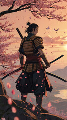 Mighty samurai standing on the hill