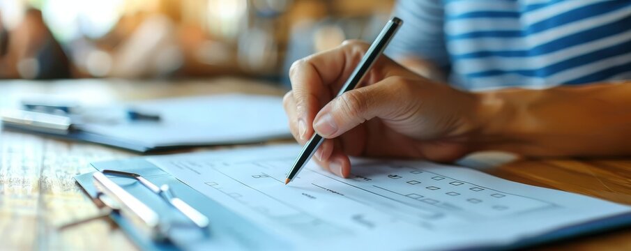 Satisfaction Survey Closeup of a person filling out a satisfaction survey on a tablet, with positive responses highlighted