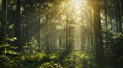 Forest view with the sun shining through the tall trees, creating a serene and peaceful scene. Plenty of room for text in the lower third