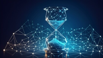 Hourglass icon from lines and triangles, point connecting network on blue background