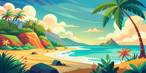 Vector illustration of abstract summer background with sea beach and sky. Tropical coast landscape with beautiful sea shore beach on a nice sunny day illustration 