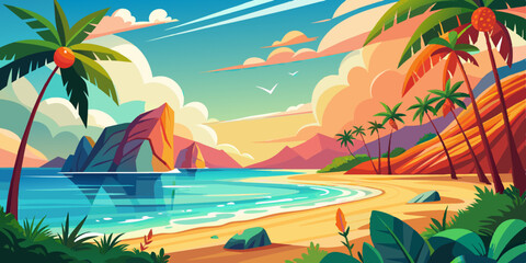 Vector illustration of abstract summer background with sea beach and sky. Tropical coast landscape with beautiful sea shore beach on a nice sunny day illustration 