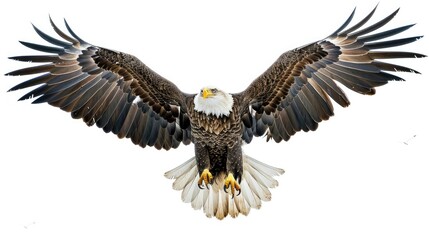 Obraz premium Front view of an eagle with sharp talons outstretched, soaring against a bright white background.