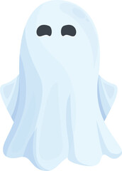 Friendly cartoon ghost with black eyes floats against a white background