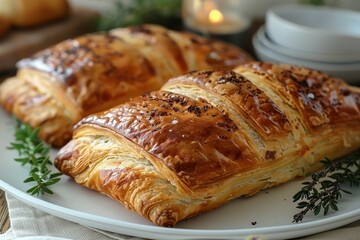 Pain au Chocolat A flaky, golden Pain au Chocolat with chocolate filling. Served on a white plate with a napkin.