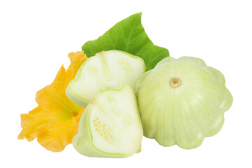 green pattypan squash isolated on white background with leaf and flower