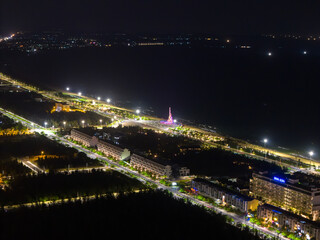 Night at Nghinh Phong tower square in Tuy Hoa coastal city, Phu Yen province, Vietnam. This is a new place that attracts tourists and locals. Travel and landscape concept