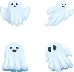 Set of four adorable and friendly ghost illustrations in various poses, isolated on a white background