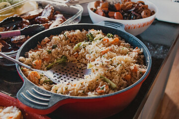 close up of rice with seafood