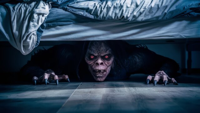 A creepy looking monster with red eyes under a bed, AI