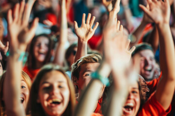 Close-up of a cheering audience at a sports event, excited crowd with raised hands and happy faces