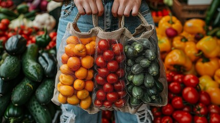 Eco-friendly grocery shopping with assorted vegetables like tomatoes and oranges in reusable bags