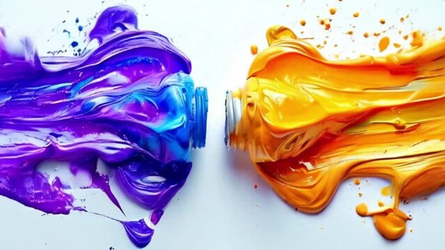 Color clas, vibrant hair dye tubes mixing purple and yellow paint. Beauty concept