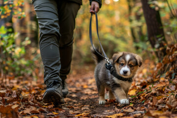 Close-up of a puppy and its owner walking along a forest path with autumn leaves, showcasing a heartwarming moment.