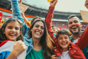 Close-up of a family cheering in the stands, smiling and waving their hands at a sports event, happy and excited