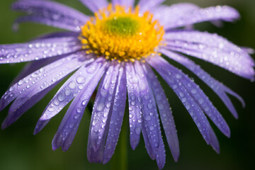 Obraz premium violet chamomile flowers. chamomile with drops after rain, morning dew, moisture on the petals. Beautiful blue flower on a blurred background. delicate purple chamomile with yellow pollen