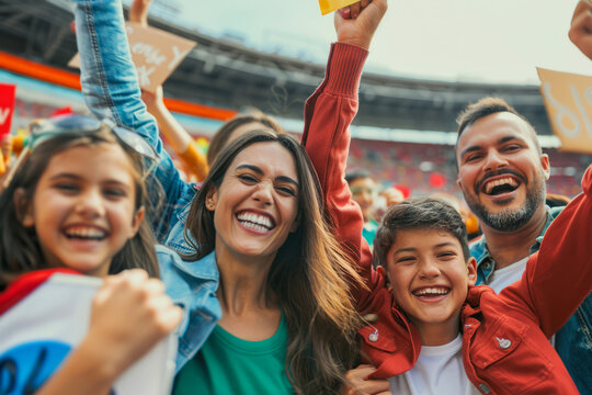 Close-up of a family cheering in the stands, smiling and waving their hands at a sports event, happy and excited