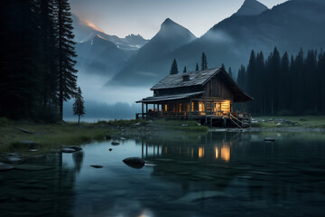 Obraz premium Cabin on lake with mountain view