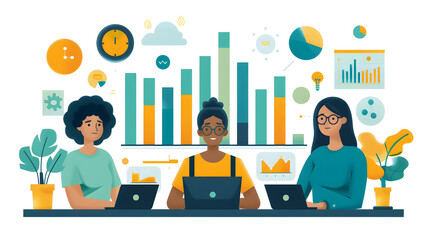 Illustration of a diverse team working on laptops, analyzing data with various charts and graphs in a collaborative environment