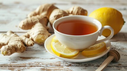 Fototapeta premium Ginger tea with lemon and honey served in a cup on a white wooden surface