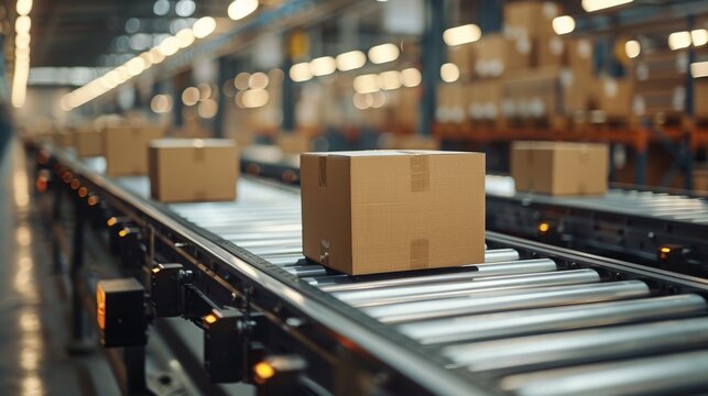A close-up shot of packages on a conveyor system in a distribution center, depicting logistics and commerce