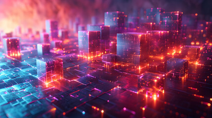 Fototapeta premium A vibrant digital cityscape featuring glowing cubes and abstract circuitry, representing a futuristic and technological theme