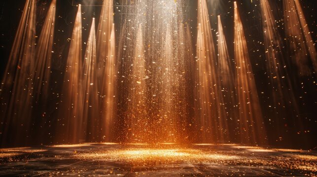A mystical scene with golden particles floating like dust in a beam of light, creating a magical atmosphere