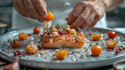 Close-up of a chef's hands adding garnish to grilled salmon with colorful accompaniments on a plate