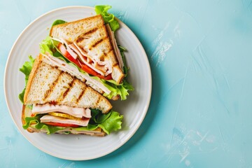 A Classic Grilled Turkey Sandwich on a White Plate Against a Teal Background