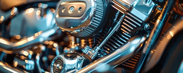 A highly detailed close-up of a chrome motorcycle engine showcasing mechanical complexity.