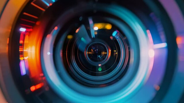 Photo objective with camera lens reflections. Close up on a modern optical photographic lens. Equipment for photography and video filming сloseup.