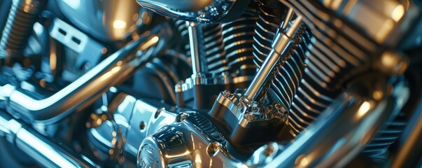 A highly detailed close-up of a chrome motorcycle engine showcasing mechanical complexity.