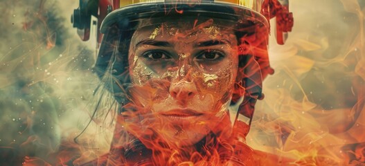 Firefighter in protective gear and helmet with flames and smoke all around