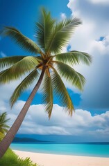 Coconut tree with tropical beach. Creative travel banner.