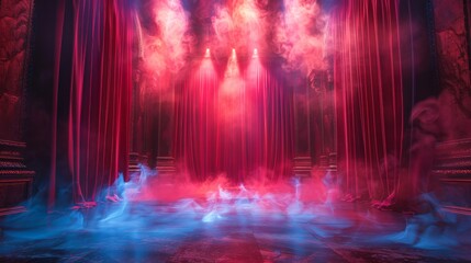 An imaginary stage set with intense blue and red lights, giving off a supernatural and theatrical ambiance