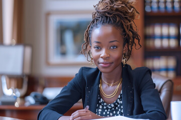 African attorney woman working at her desk in modern office