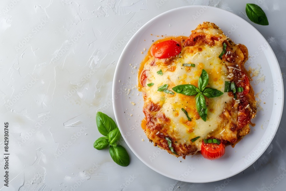 Wall mural A Melted Moment of Italian Delight: Chicken Parmesan With Fresh Basil and Tomato Garnish