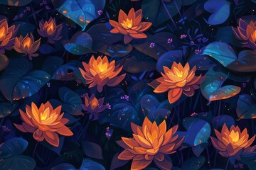 Nighttime Lotus Flowers in a Lush Garden