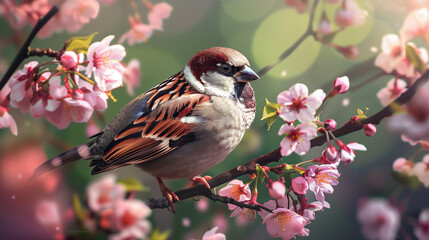 Sparrow perched on blooming cherry blossom branch in spring